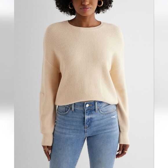 Express Ivory Relaxed Crew Neck Sweater Faux Leather Patch Sleeve Size XL - Picture 1 of 7